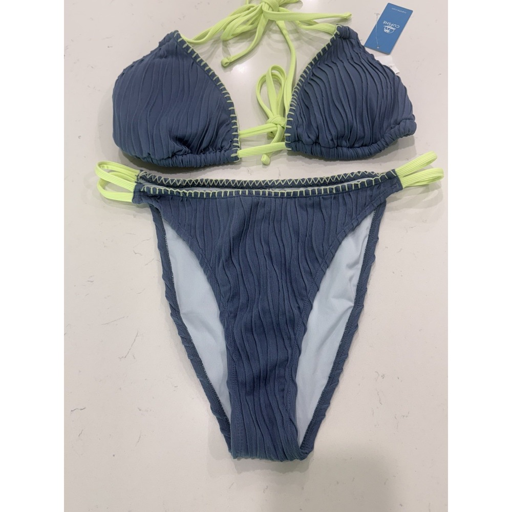 CUPSHE Women Bikini Set Steel Blue Neon Yellow Triangle Halter large STRAP STAIN